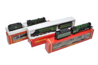 Hornby Model Railway Locomotive trio comprising Flying Scotsman, B17 Leeds United and one other.