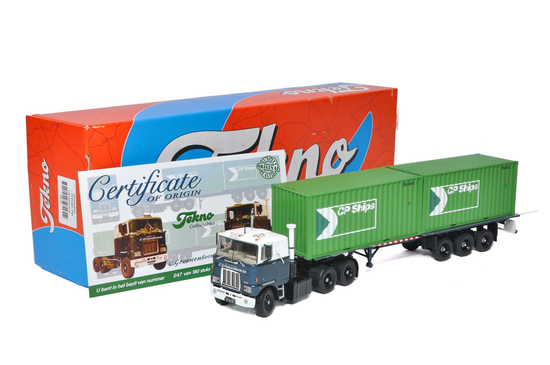 Tekno 1/50 diecast model truck issue comprising Mack Container Trailer in the livery of Groenenboom.