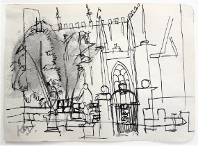 KEITH VAUGHAN [1912-77]. Figures in a Church Yard, c.1950. ink and wash on paper; studio stamp