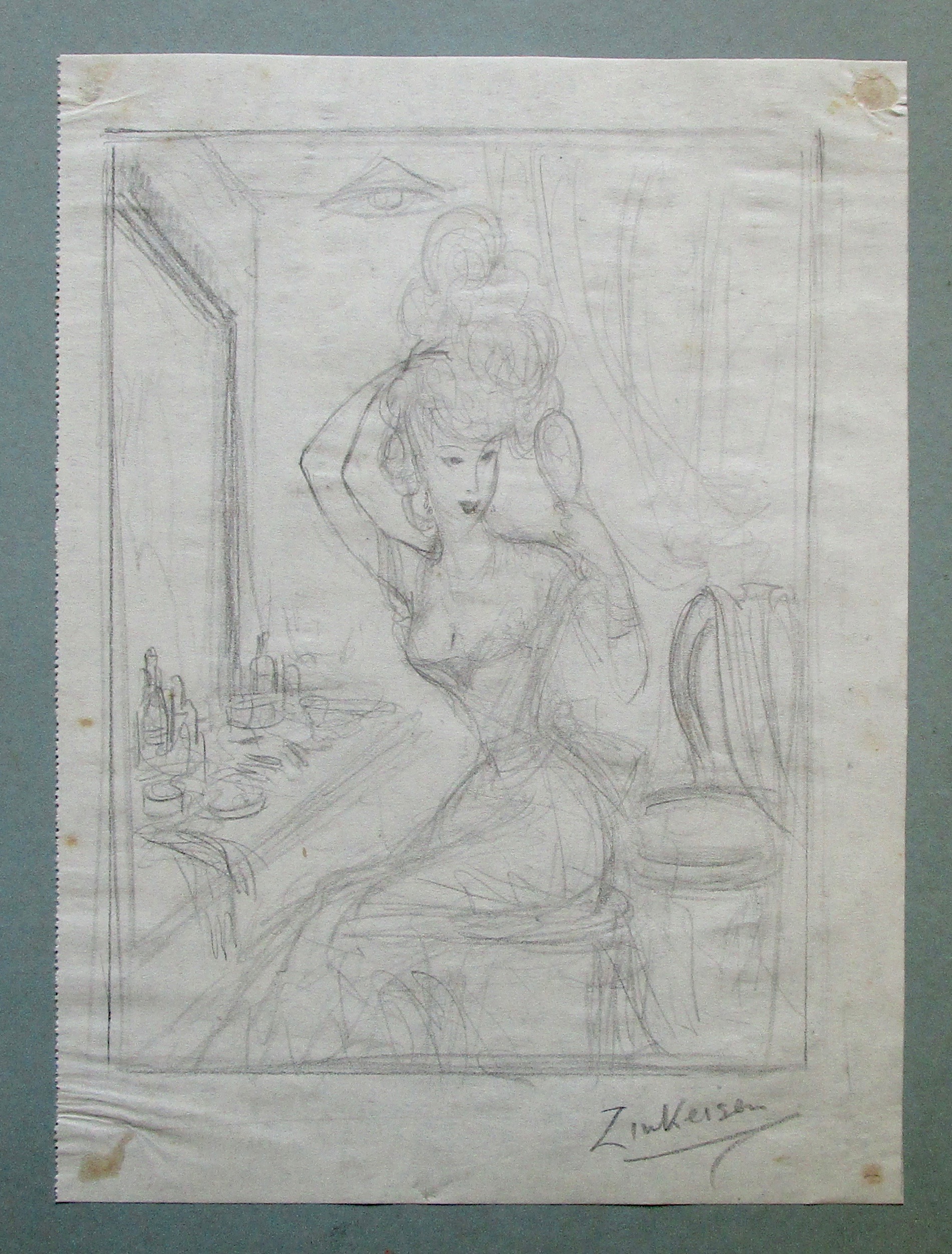 DORIS ZINKEISEN [1897-1991] At the Dressing Table, c.1950. Pencil on thin paper mounted on board,