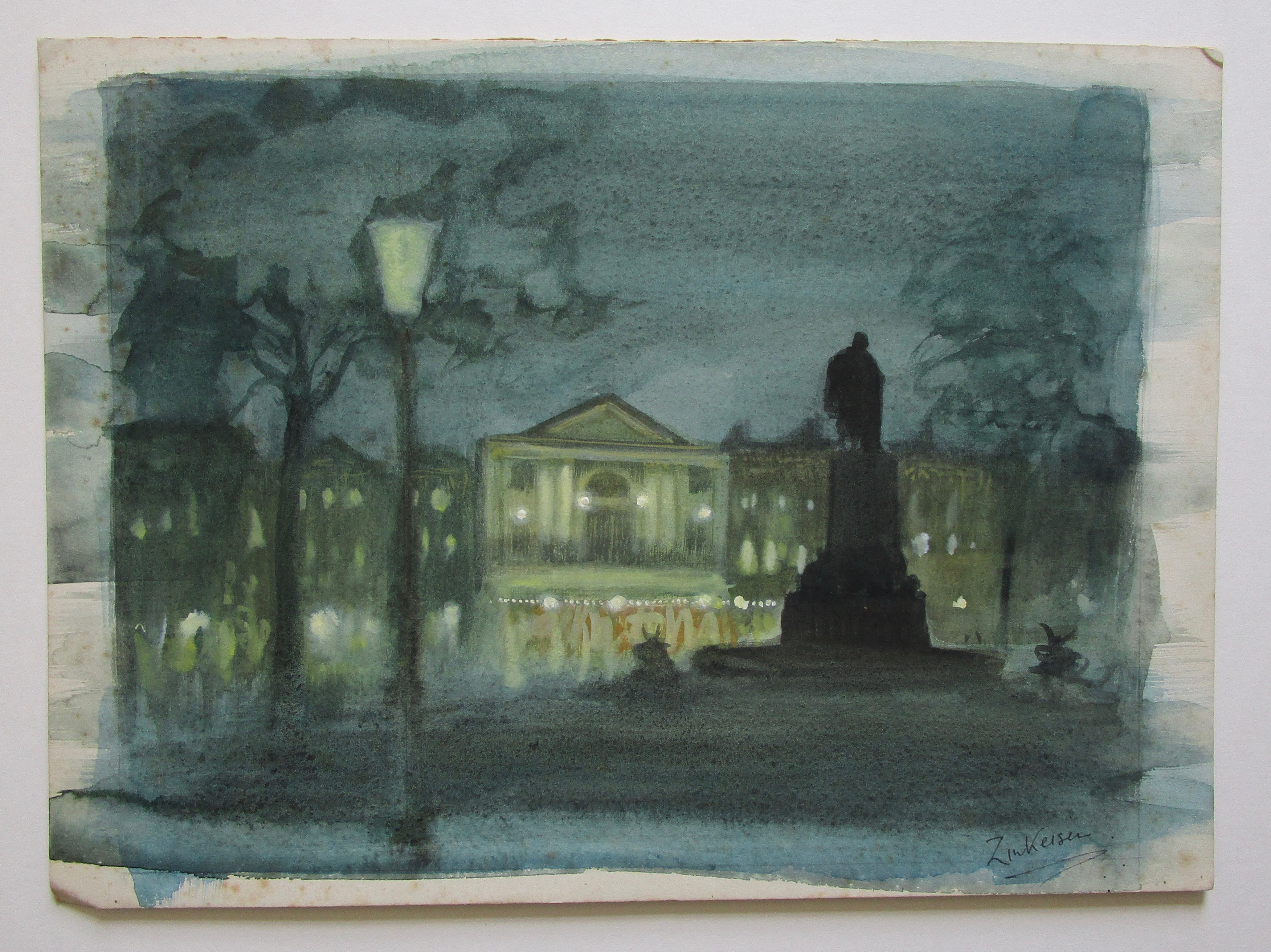 DORIS ZINKEISEN [1897-1991] Statue at Dusk, c.1950. Watercolour on Suanders water colour board,