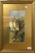 F LANGLEY "Polperro", back street scene with woman and basket in foreground, watercolour,