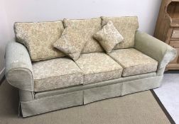 A modern faun floral upholstered three seat scroll arm sofa,
