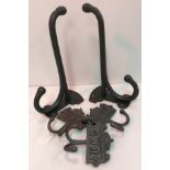 Two large "GWR" replica wall hooks and three smaller "GWR" double coat hooks CONDITION