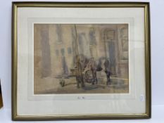 JESSIE PYM "Horse and cart outside building", watercolour, apparently unsigned, inscribed to mount,