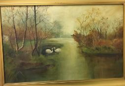 MARGARET PETERS (LATER MARGARET BODDINGTON) "Swans in a river landscape" oil on canvas,