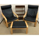 Two IKEA Poang chairs with one matching footstool,