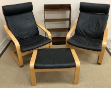 Two IKEA Poang chairs with one matching footstool,