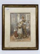 GERTRUDE LEESE (1870-1963) "Family group by doorway", pencil watercolour,