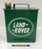 A modern metal petrol style can inscribed "Landrover", 26 cm wide x 16 cm deep x 32 cm high,