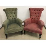 WITHDRAWN A pair of 20th Century buttoned upholstered scroll back scroll arm chairs in cord
