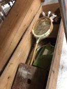 A pine box inscribed "The Special Club badminton set, Lillywhites,