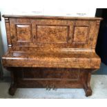 A circa 1910 burr walnut cased upright piano,