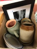 Three boxes of various sundries including copper saucepan,