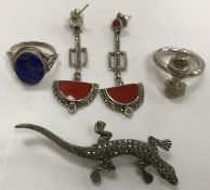 A collection of jewellery comprising a pair of silver and carnelian set earrings,