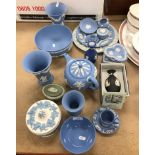 A collection of Wedgwood Jasperware to include teapot, pair of trumpet shaped vases, bowls,