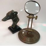 A modern Art Deco style figure of the head of a greyhound 22 cm high together with a brass framed