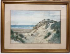 FRANK HEWETT "Sand dune and coastal landscape with figures in distance" watercolour,