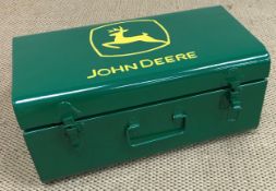 A painted metal hinge lidded box inscribed "John Deere" 45.