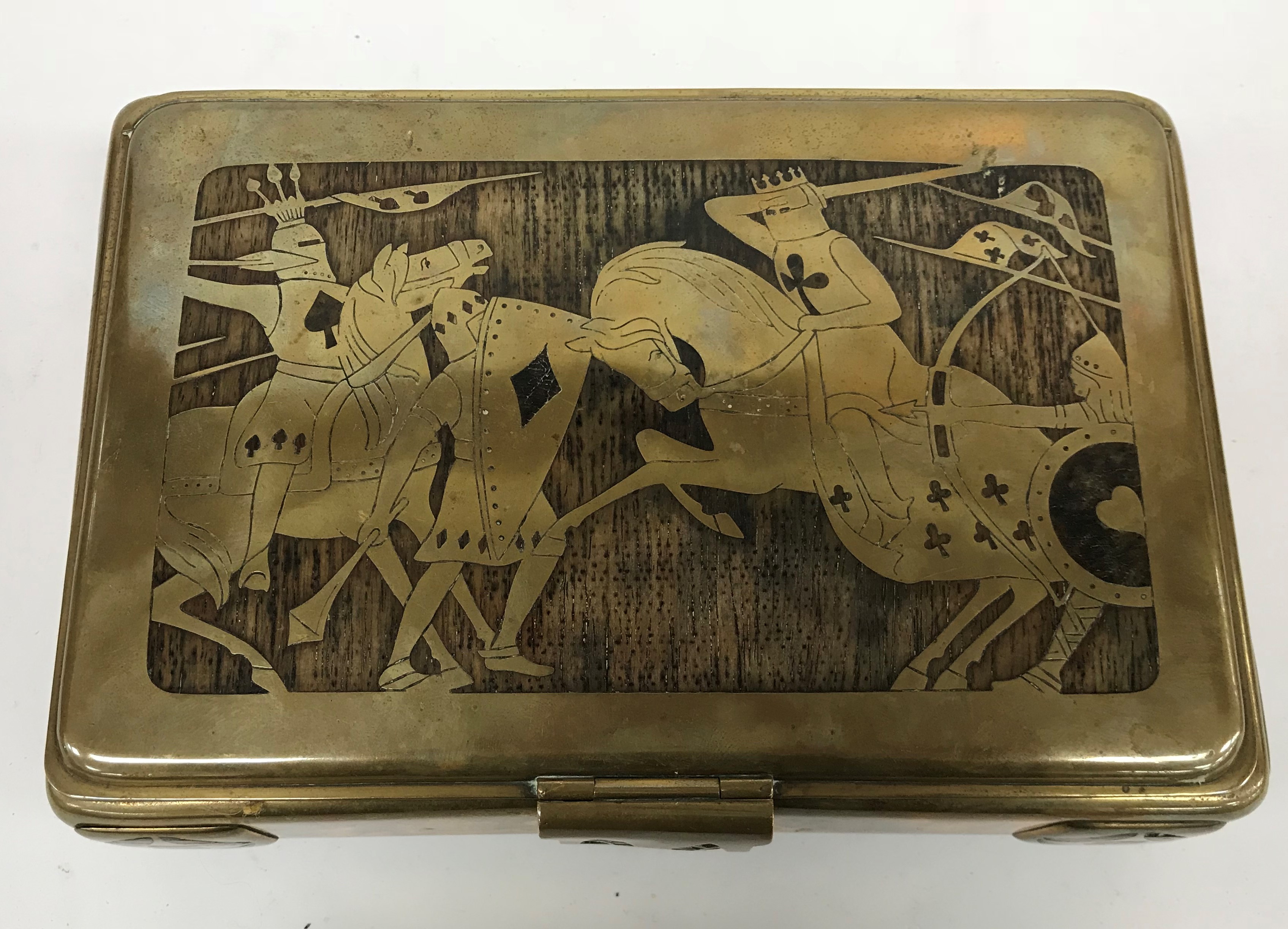 A brass playing cards casket with wood inlaid decoration depicting knights in battle and archer in - Image 2 of 3
