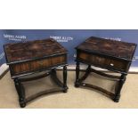 A pair of modern oyster veneered bedside tables each with rising top above a dummy drawer with two