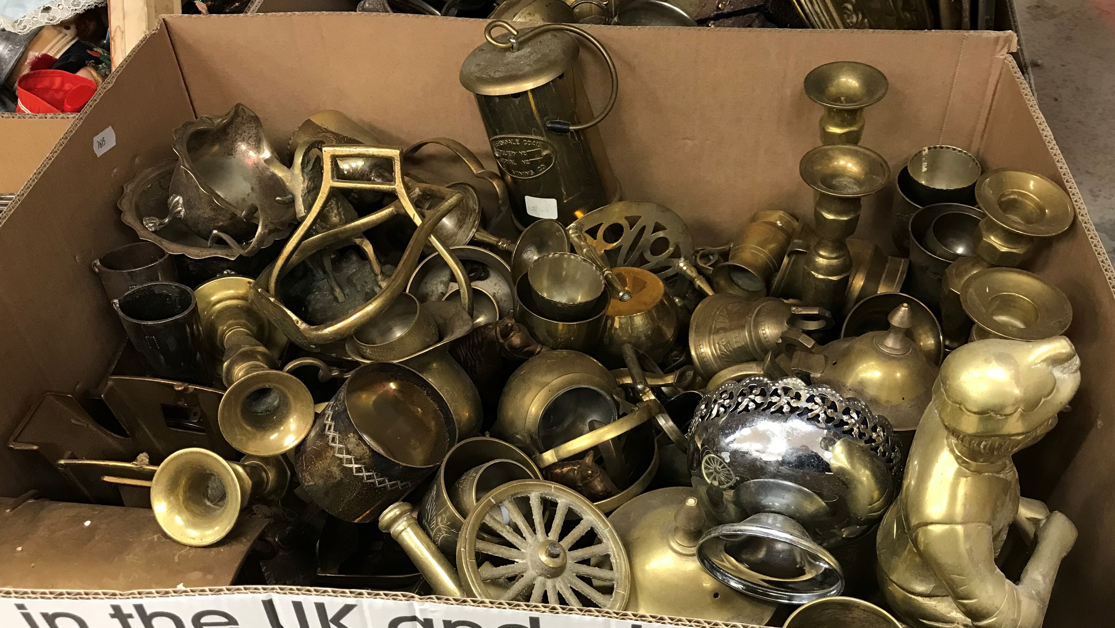 Two boxes of assorted brass and other metal wares to include candlesticks, bells, chargers, figures, - Image 2 of 3