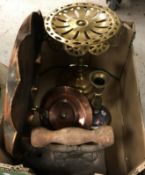 A box of assorted metalwares to include a brass trivet on pedestal base,