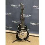 An Ozark Resonator six string semi-acoustic guitar with black body and pierced chromed plate in