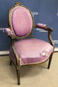 WITHDRAWN A 19th Century carved giltwood and gesso framed spoon back salon elbow chair in the Louis