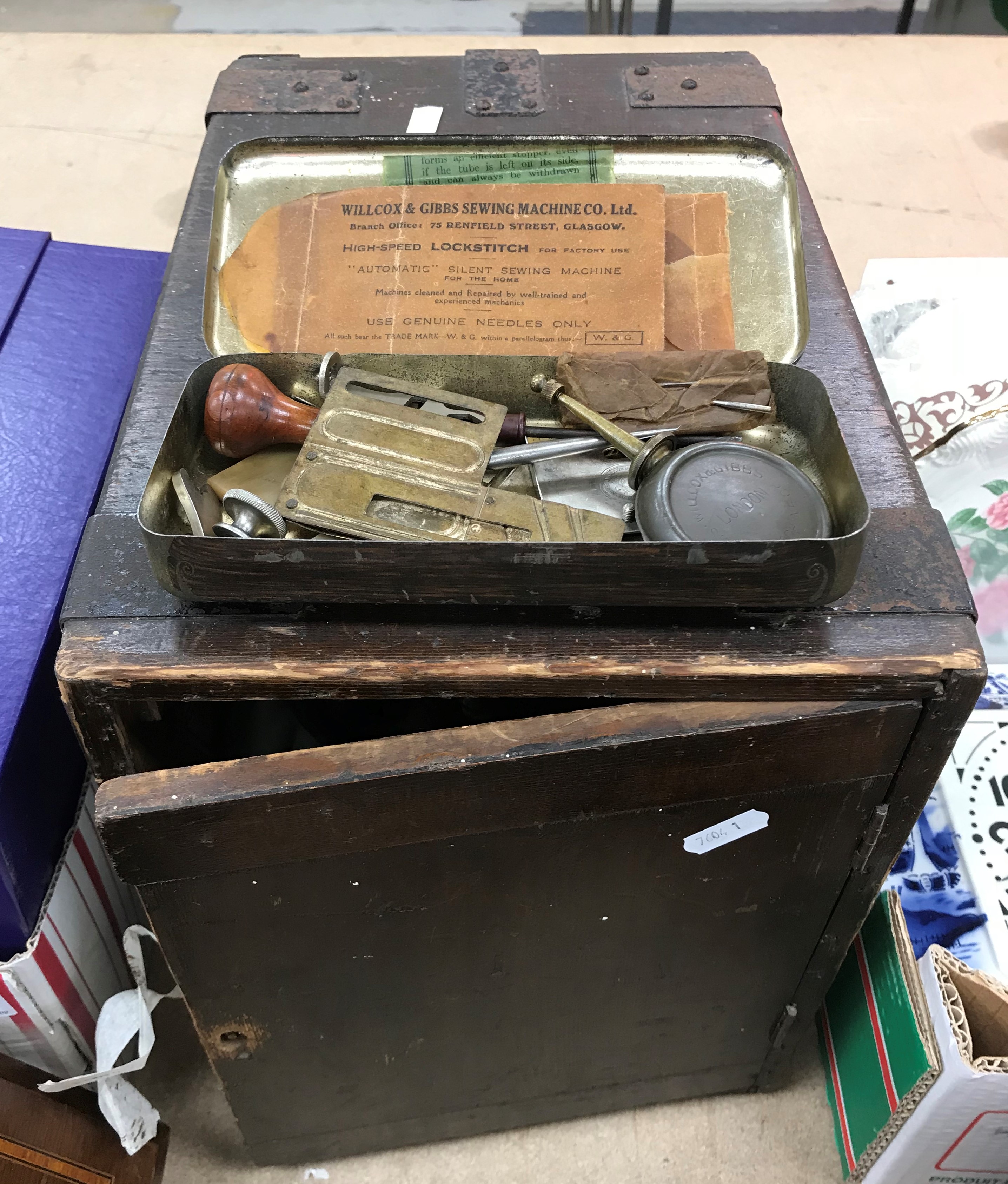 A Willcox & Gibbs hand sewing machine in wooden case together with a Willcox & Gibbs Sewing Machine