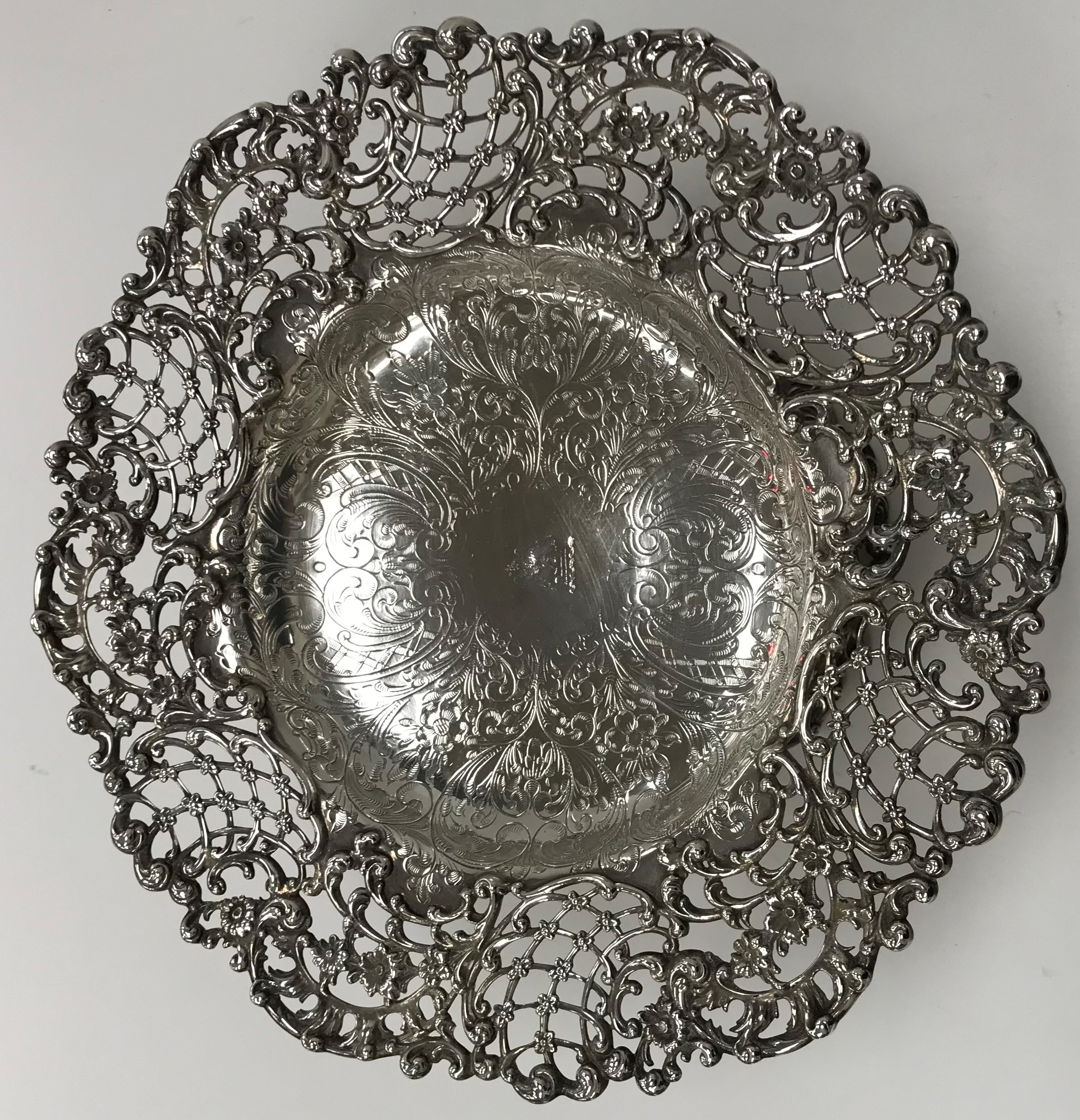 A sterling silver pierced rim tazza with C scroll decoration and engraved scrolling decoration to - Image 2 of 2