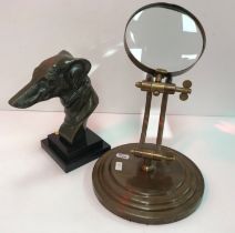A modern Art Deco style figure of the head of a greyhound 22 cm high together with a brass framed