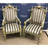 WITHDRAWN A pair of circa 1900 painted and gilded throne type chairs in the Venetian baroque manner,