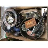 Two boxes containing assorted plated wares to include water jug, wine cooler, fruit basket, salver,