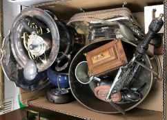 Two boxes containing assorted plated wares to include water jug, wine cooler, fruit basket, salver,