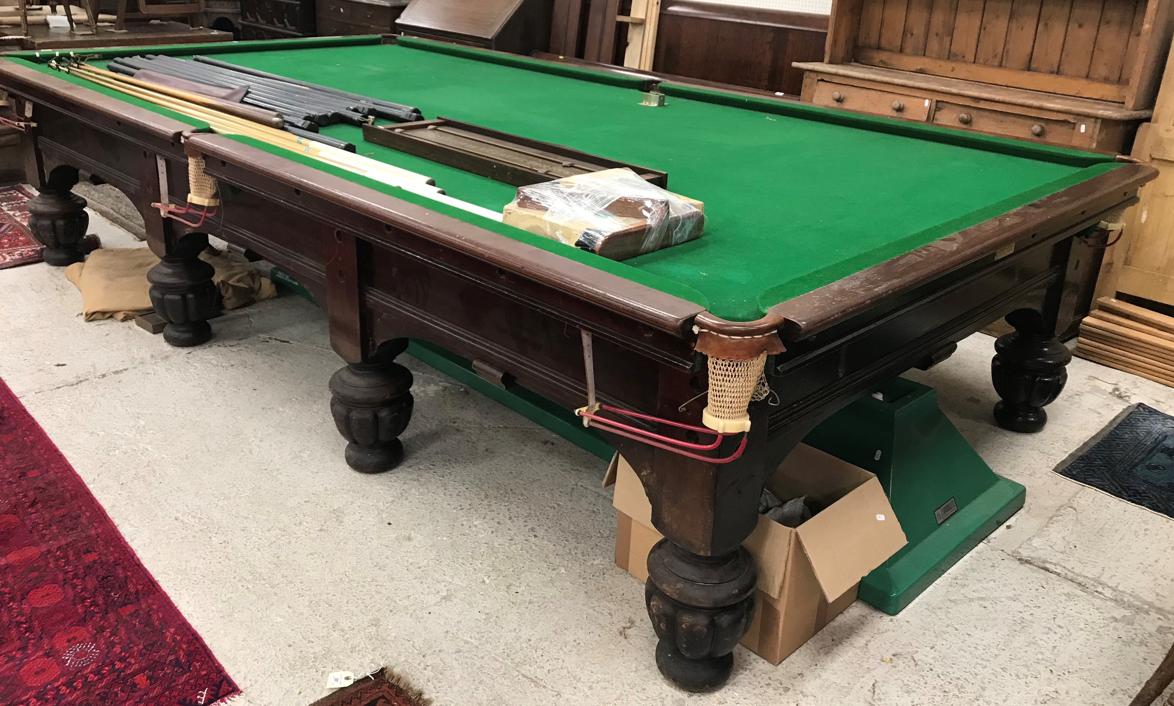 A mahogany framed full size snooker / billiards table by Burroughes & Watts Ltd of London,