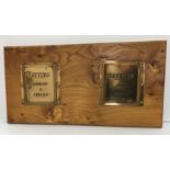 A pair of elm mounted brass "Letter pockets/racks" one inscribed "Letters London and Abroad",