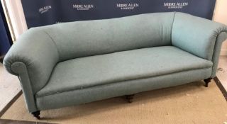 A circa 1900 Chesterfield sofa upholstered in duck egg blue wool,