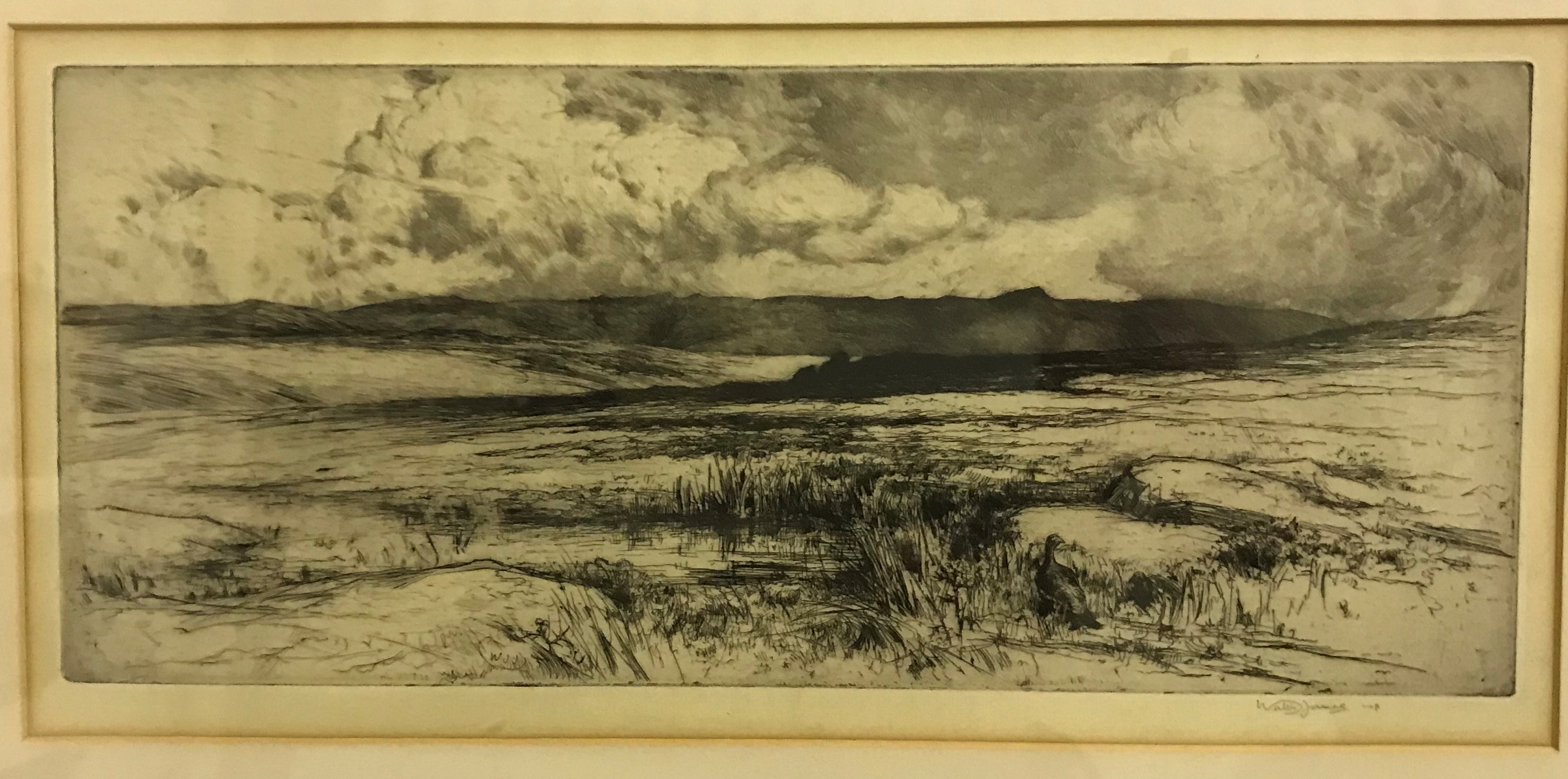 AFTER WALLIS JAMES "Moorland landscape with grouse in foreground", black and white etching,