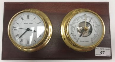 A Kelvin Hughes mahogany mounted barometer thermometer and clock, both with brass mounts,