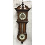 A circa 1900 walnut cased Vienna style eight day wall clock with mercury thermometer and aneroid