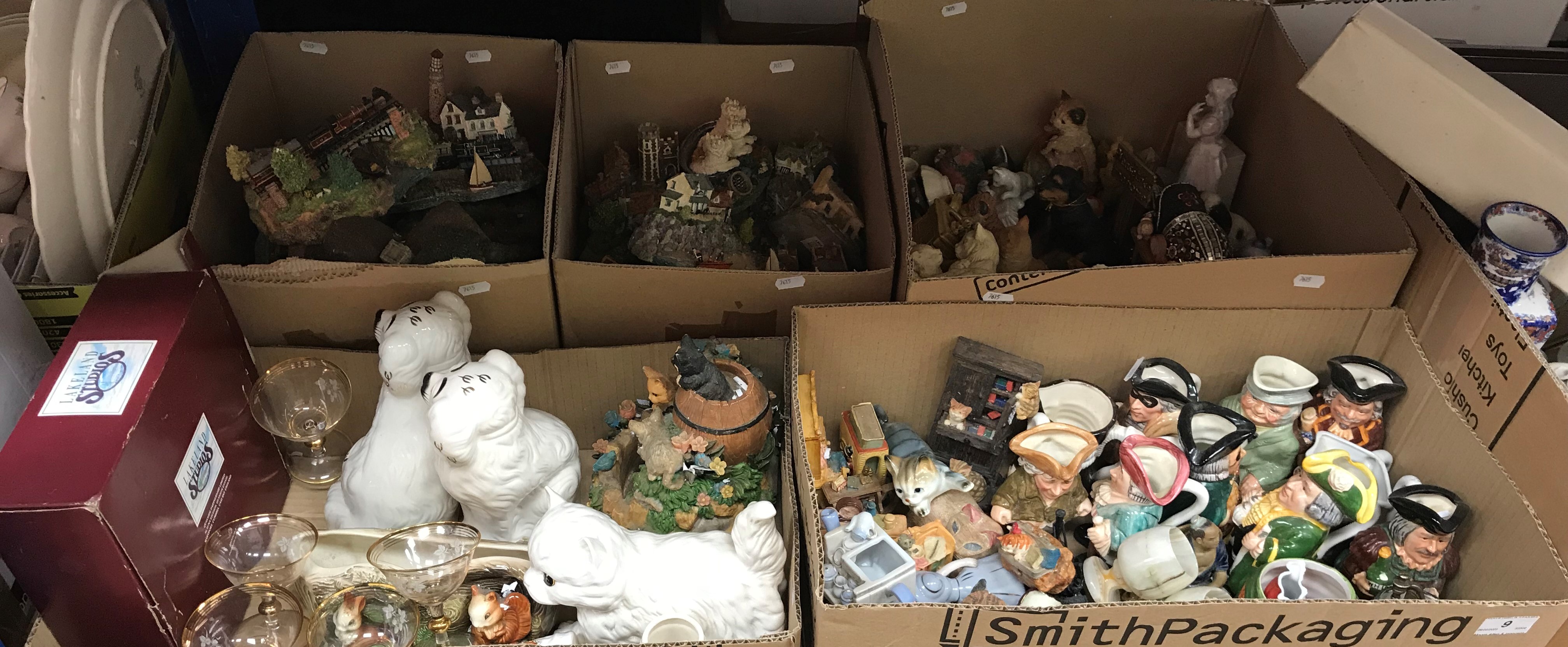 Twelve boxes of assorted sundry ornamental china wares to include Danbury Mint diorama style