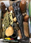 A box containing assorted treen and metal wares to include turned wooden mushrooms,