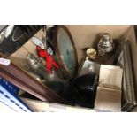 A box containing a bakelite Art Deco style mantel clock of cone form, a Morland advertising mirror,