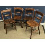 A set of four 19th Century beech and elm Oxford bar back kitchen chairs by S Hazell,