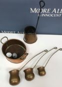 A collection of copper wares to include three cider measures, a set of measures inscribed "Whisky",