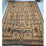 A rattan rug with geometric black and purple design approximately 316 cm x 470 cm together with