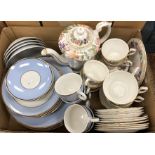 Four boxes of assorted tea and dinner wares to include Doulton part dinner service in plain blue
