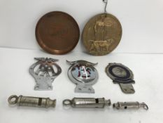 A collection of various automobilia and other items including three car badges "The Order of the