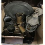 A collection of metal wares to include pewter charger, pewter measures, copper tankards,